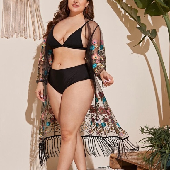 SHEIN Other - Plus Floral Embroidery Fringe Hem Sheer Kimono